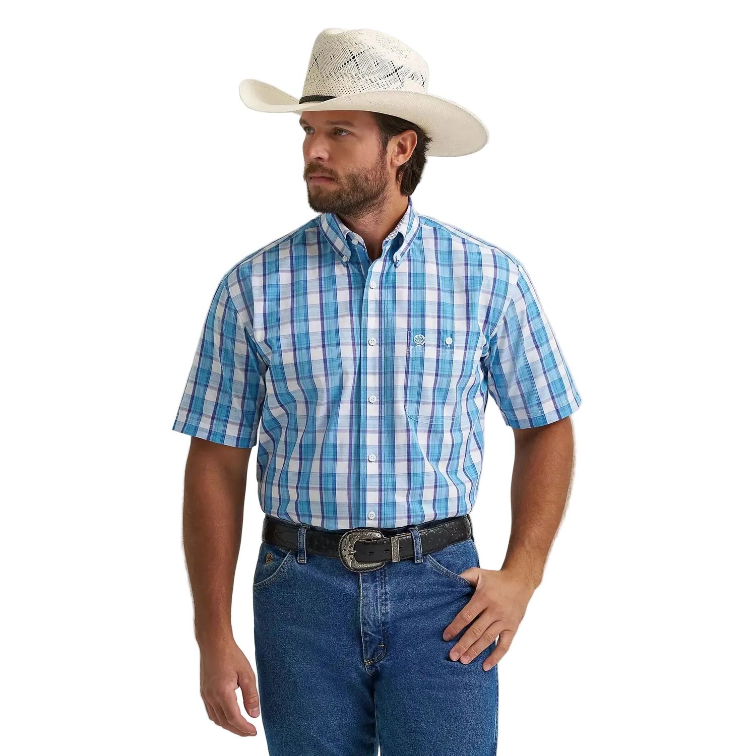 Wrangler® George Strait™ Short Sleeve One Pocket Button Down Shirt - Big Blue Plaid