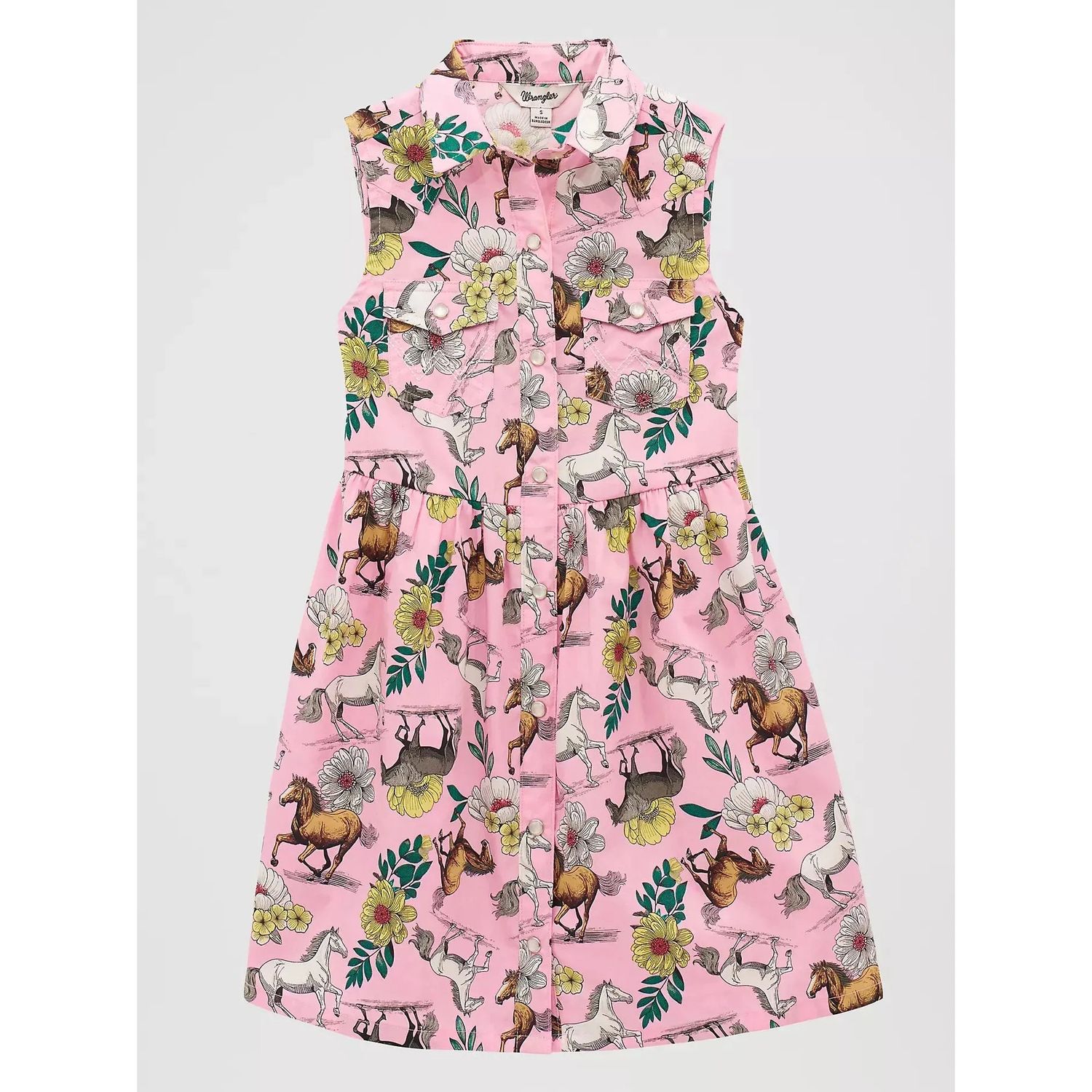 Wrangler® Girl's Bold Horse Print Sleeveless Western Snap Dress - Prancing Pink