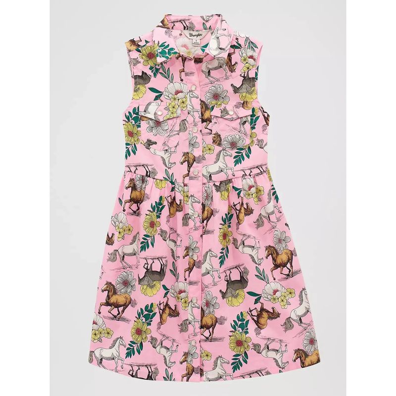 Wrangler® Girl's Bold Horse Print Sleeveless Western Snap Dress - Prancing Pink