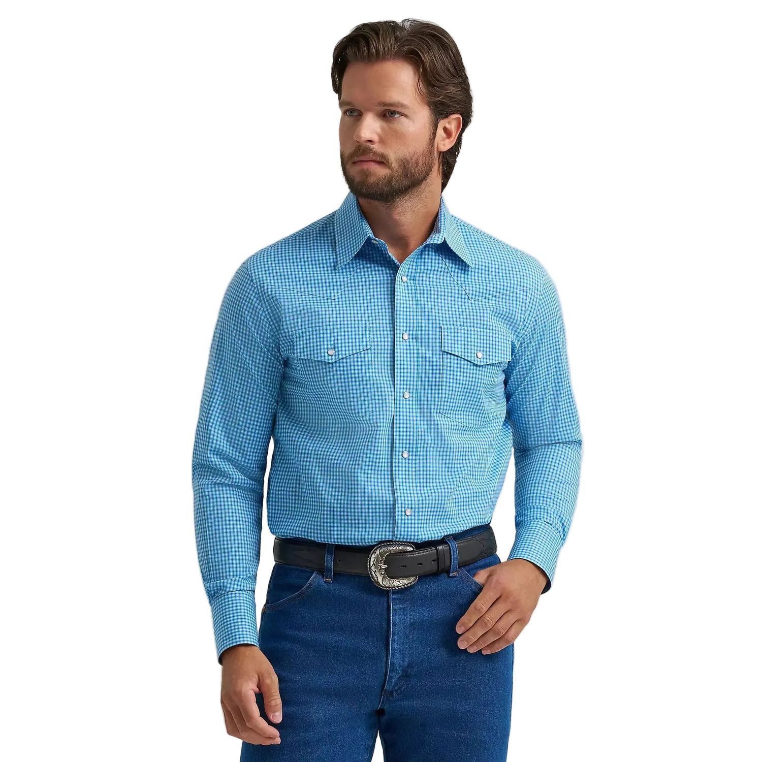 Wrangler® Men's Wrinkle Resistant Long Sleeve Western Snap Plaid Shirt - Blue Bold