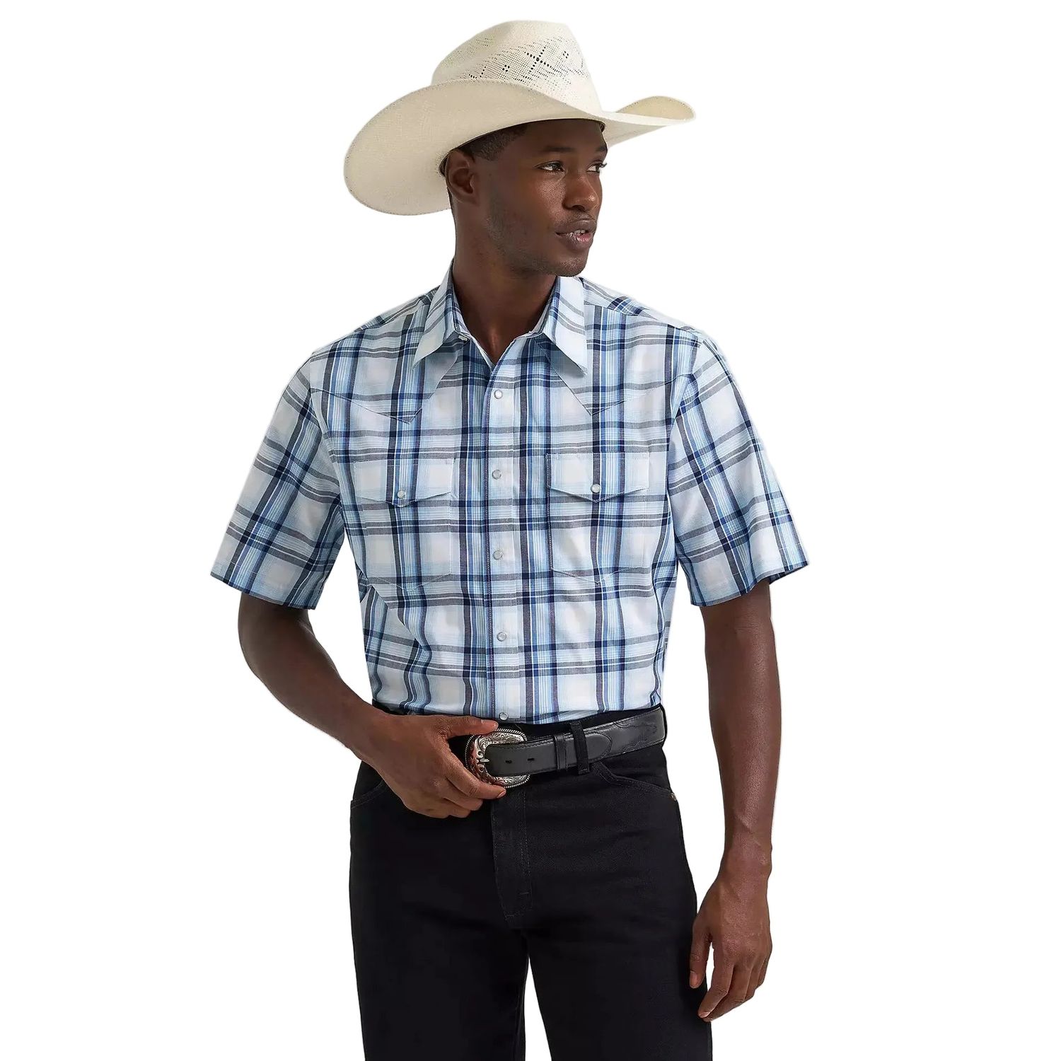 Wrangler® Men's Wrinkle Resistant Short Sleeve Western Snap Plaid Shirt - Blue Prep