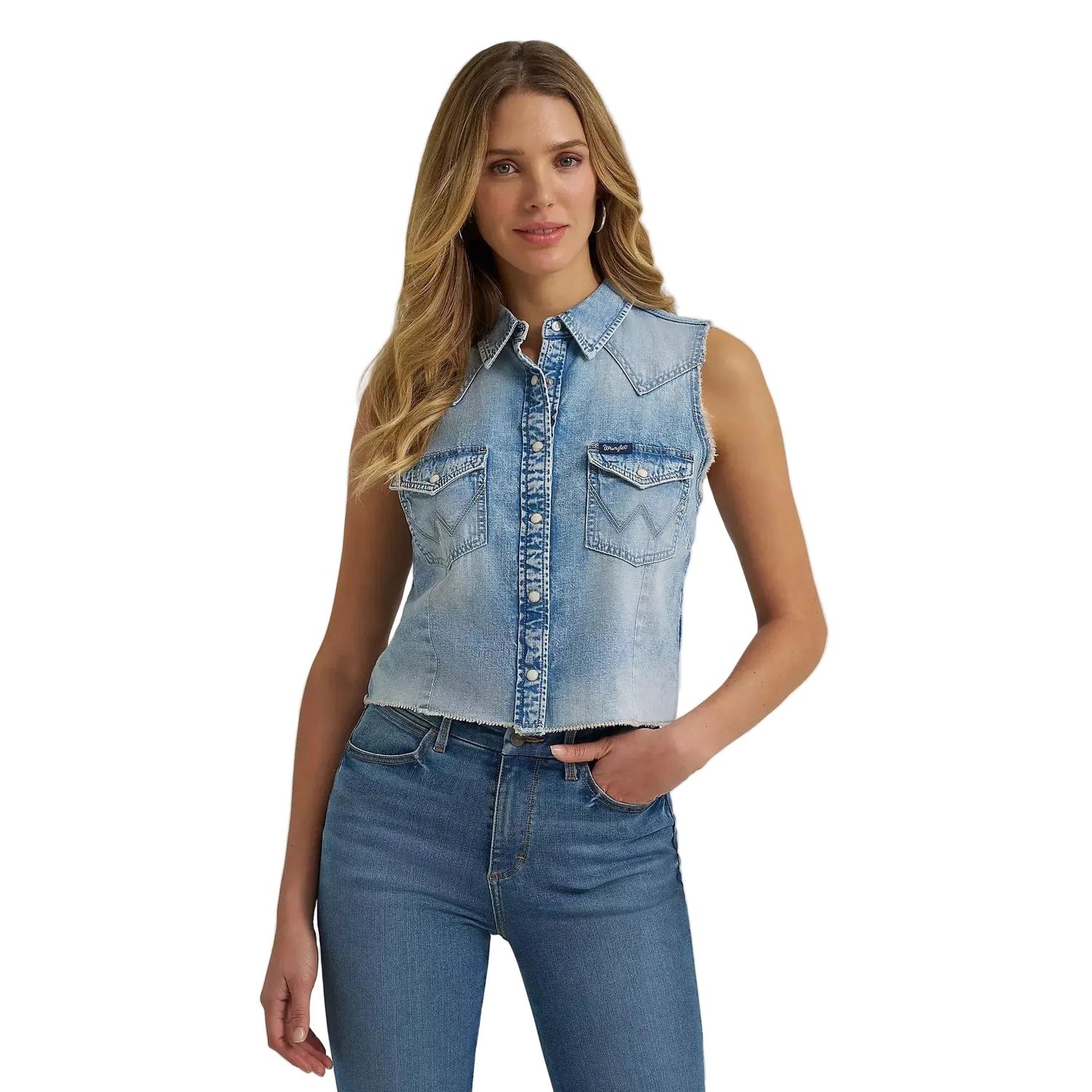 Wrangler® Women's Frayed Hem Sleeveless Denim Snap Shirt - Light Denim