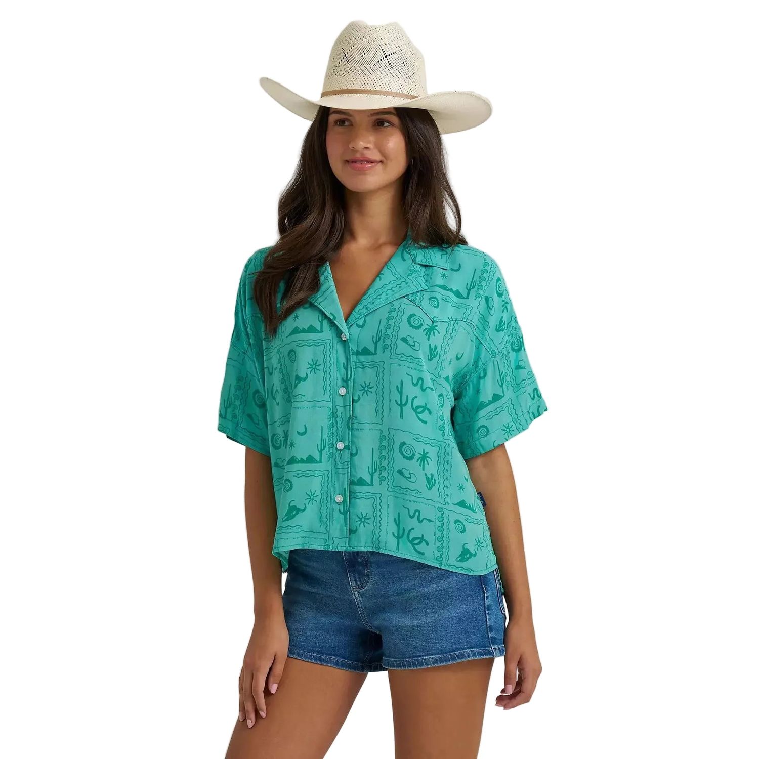 Wrangler® Women's Retro® Cowgirl Camp Short Sleeve Shirt - Green Square