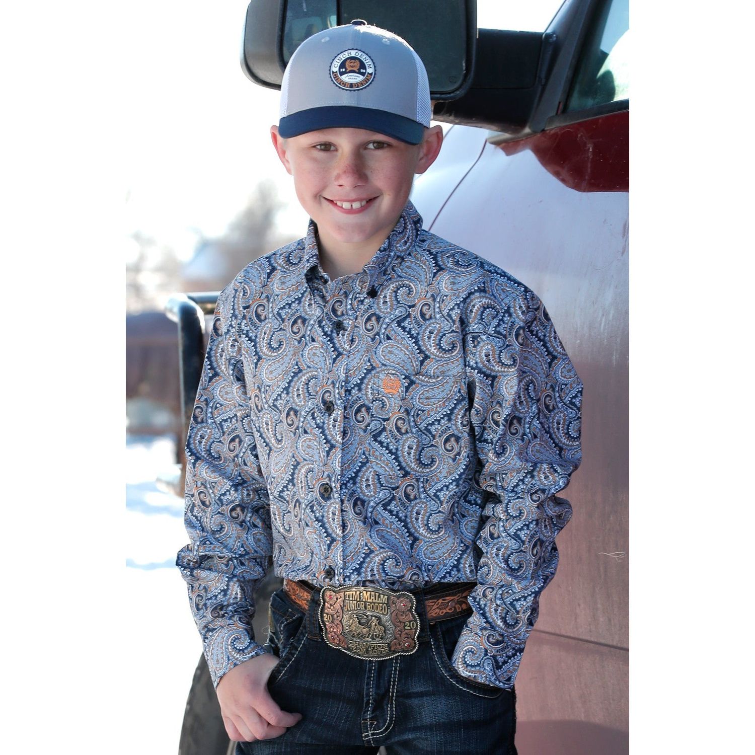 **Cinch Boy's Long Sleeve Paisley Print Button Down Shirt - Blue/Gold Multi**FINAL SALE**