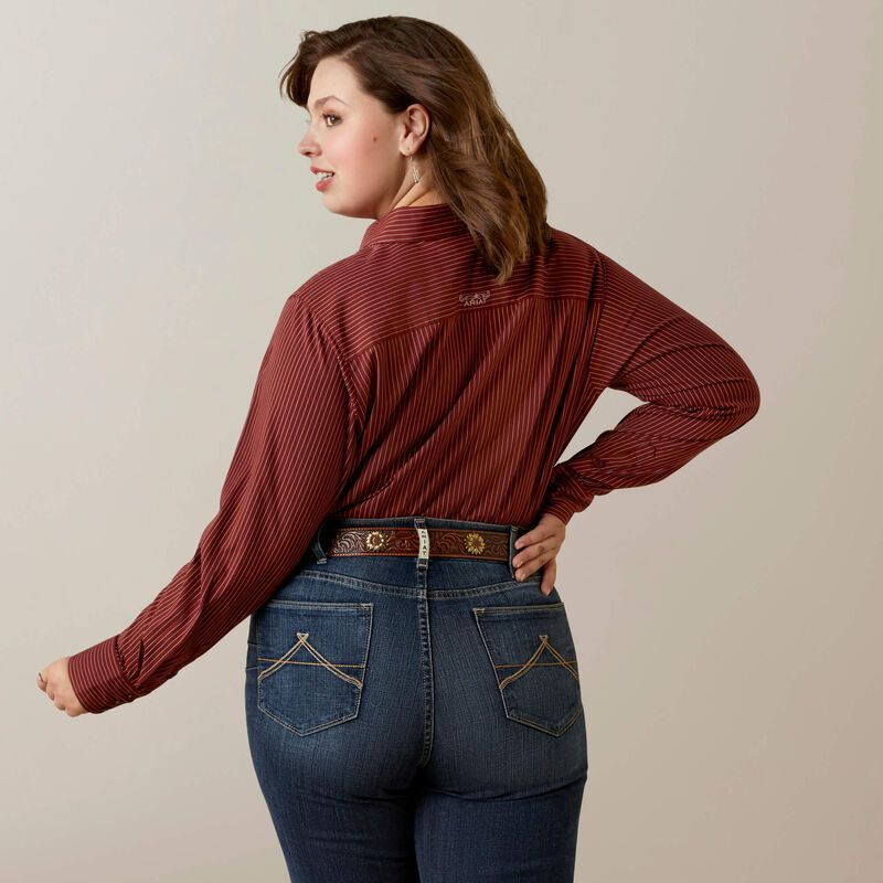 **Ariat Women's Wrinkle Resist Kirby Stretch Shirt- Fired Brick Pinstripe**