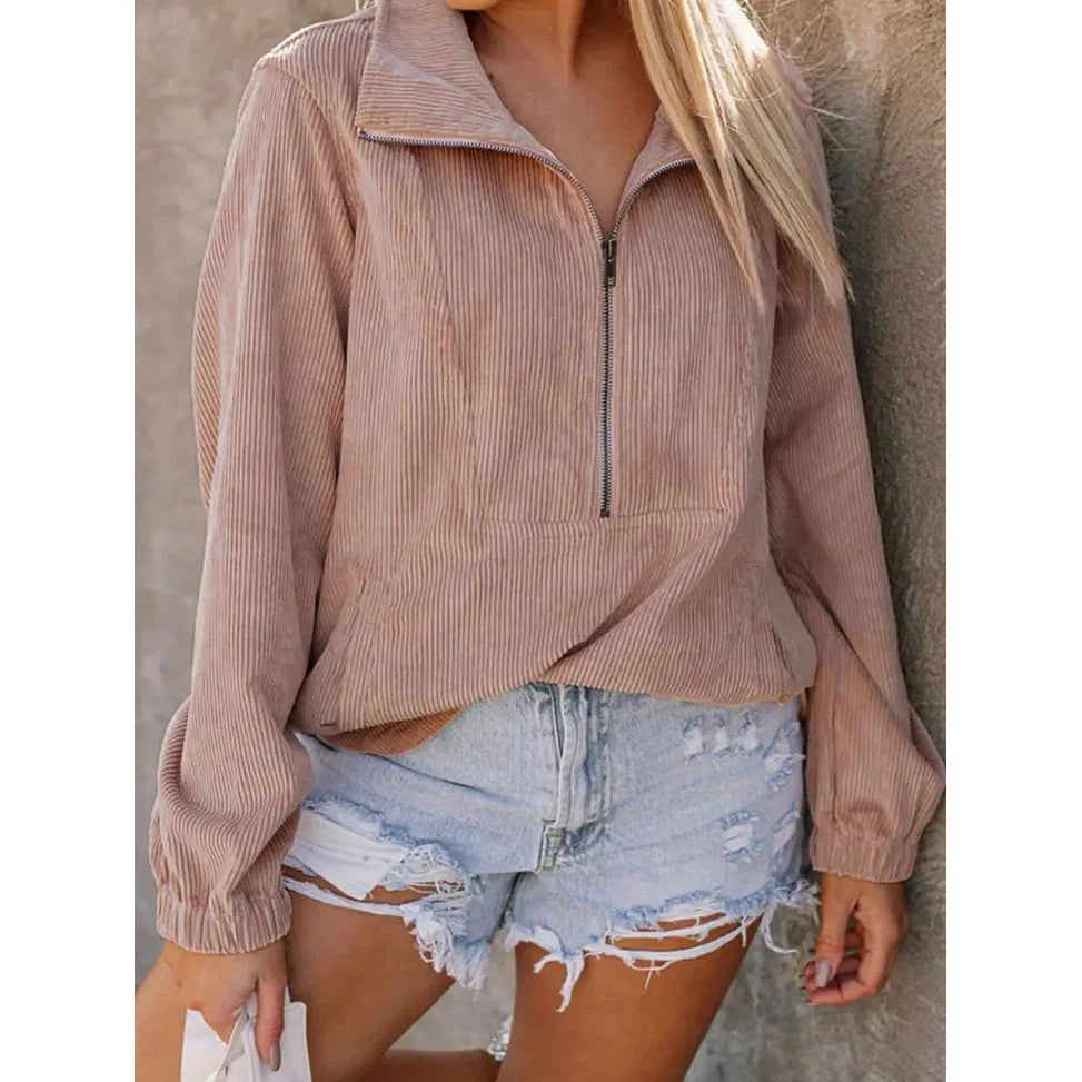 **FTP Women's Ribbed Texture 1/2 Zip Collared Sweatshirt - Apricot**FINAL SALE**