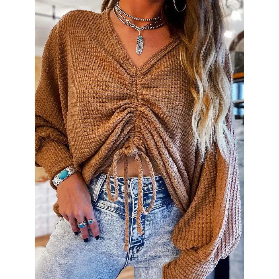 **FTP Women's V-Neck Drawstring Dolman Sleeve Waffle Knit Top - Brown**FINAL SALE**