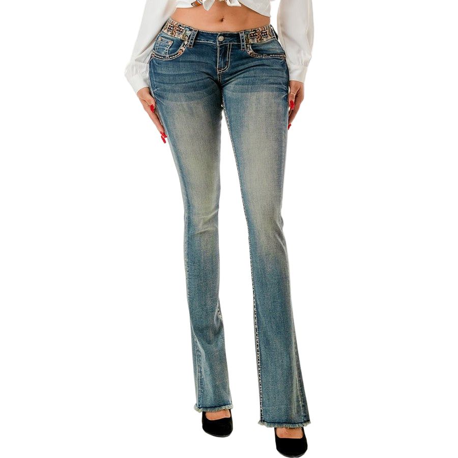 **Grace in LA Women's Cactus Aztec Easy Bootcut Jeans - Light Blue
