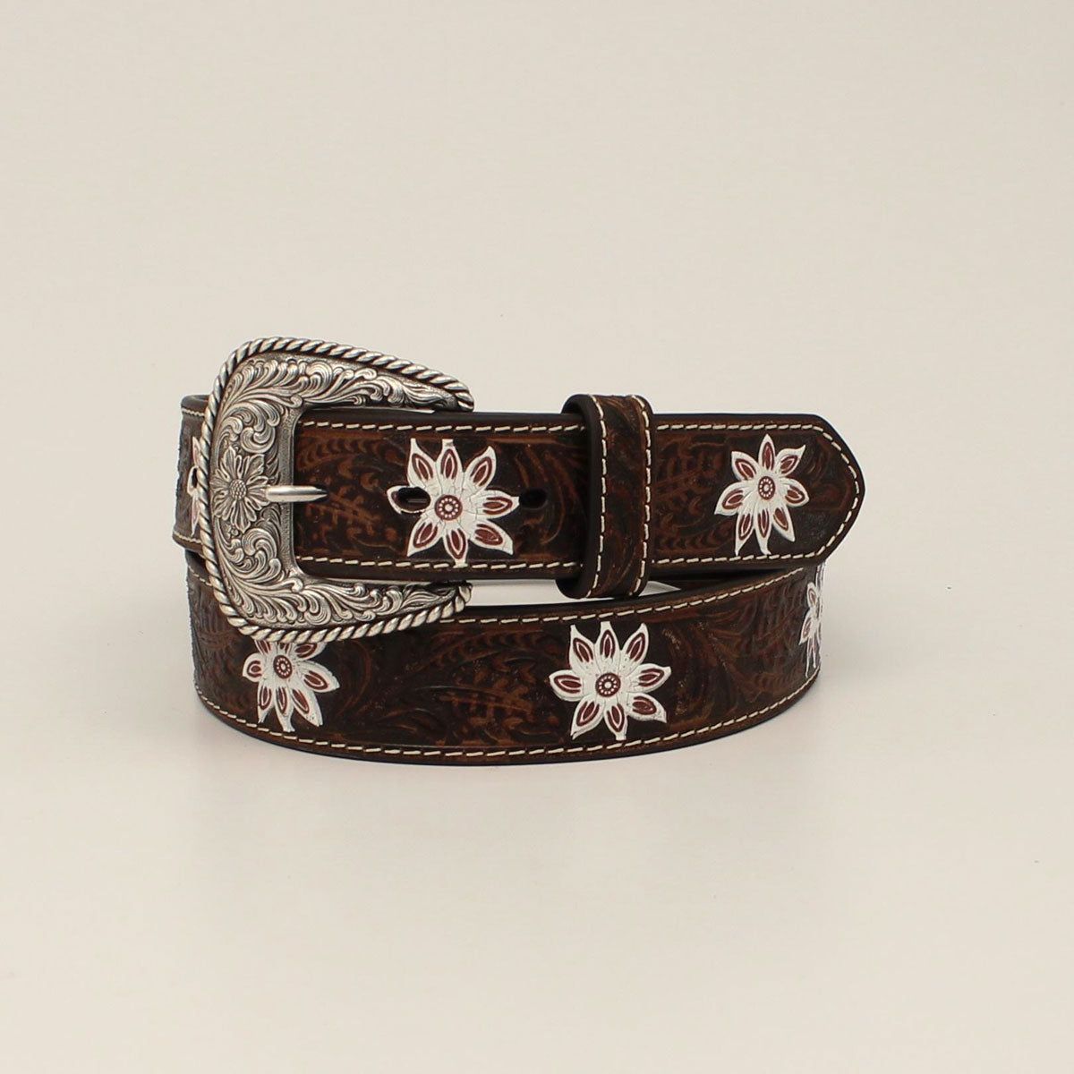 **Nocona Ladies Floral Embossed White Flower Belt - Brown