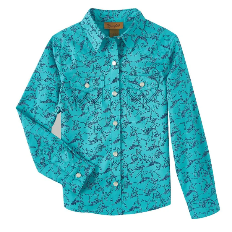 **Wrangler Girl's Long Sleeve Horse Snap Shirt - Turquoise**FINAL SALE**
