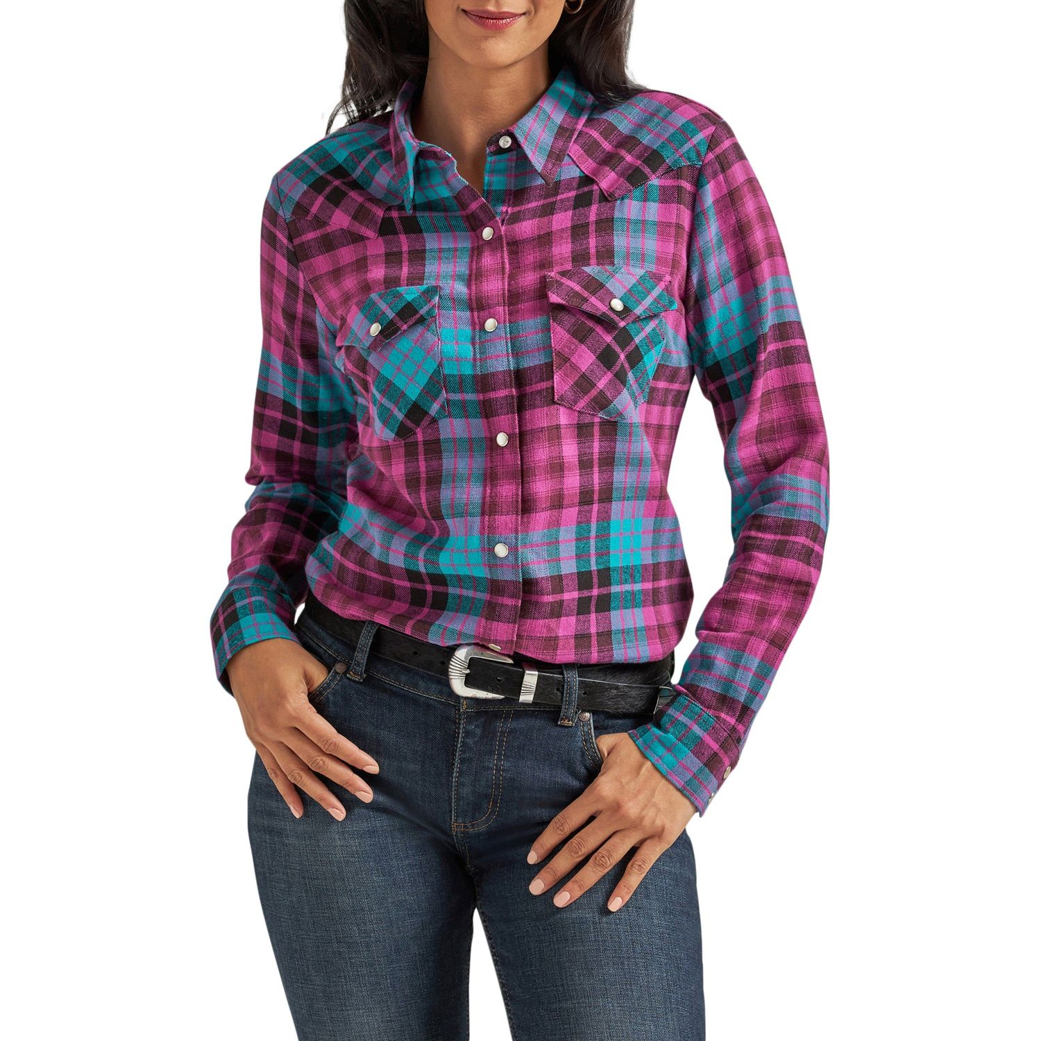 **Wrangler Women's Essential Snap Shirt - Pink/Blue Plaid**FINAL SALE**