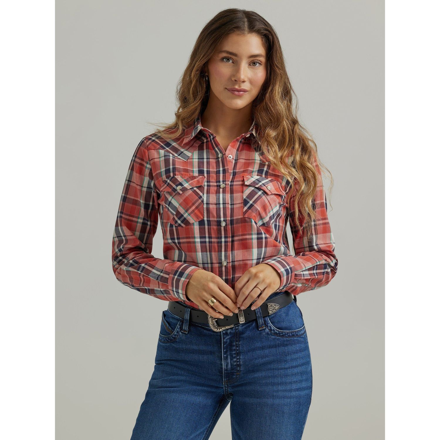 **Wrangler Women's Long Sleeve Plaid Snap Shirt - Orange**FINAL SALE**