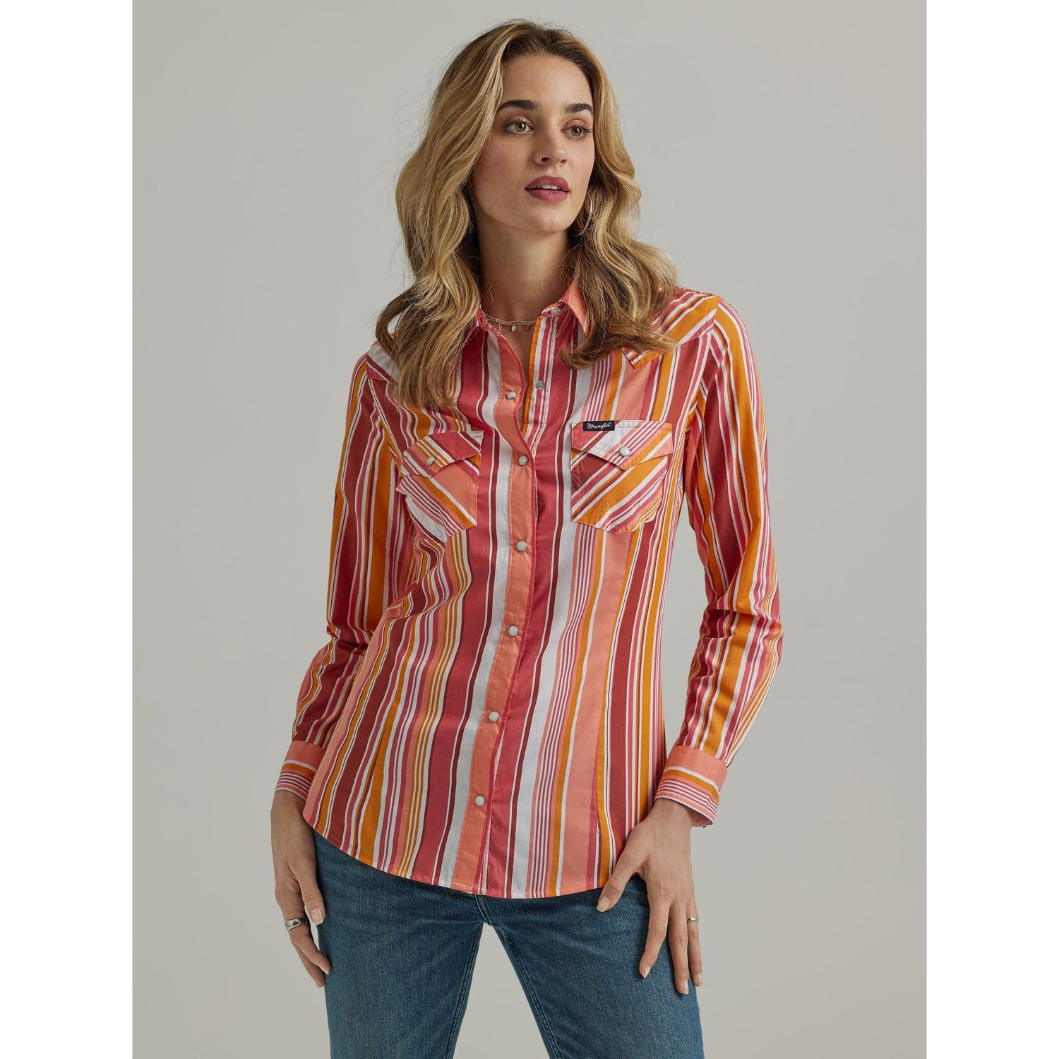 **Wrangler Women's Long Sleeve Striped Snap Shirt - Coral**FINAL SALE**