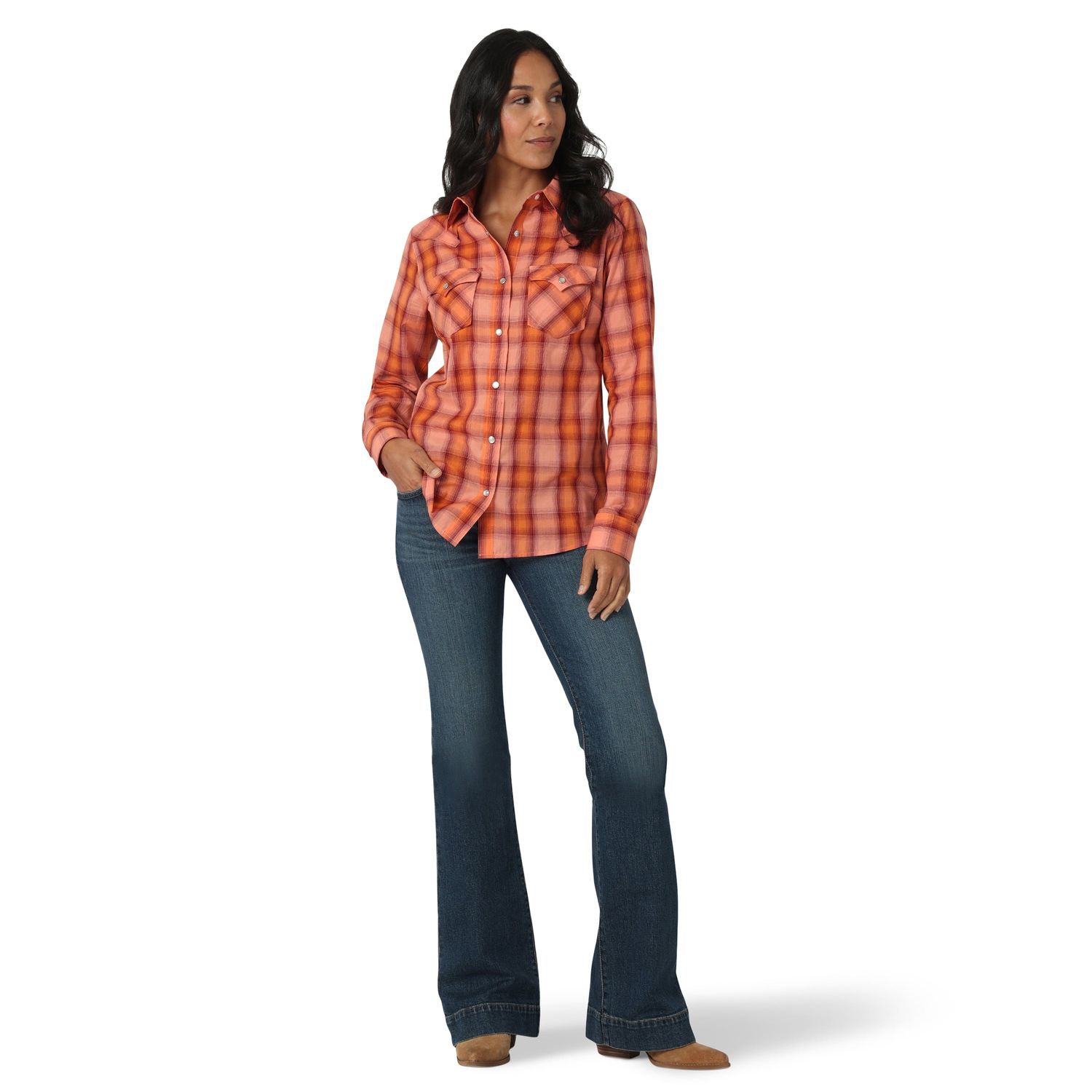 **Wrangler Women's LS Essential Snap Shirt - Plaid Orange**FINAL SALE**