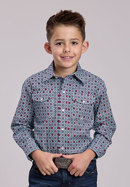 Roper Boy's Long Sleeve Amarillo Shirt- Blue