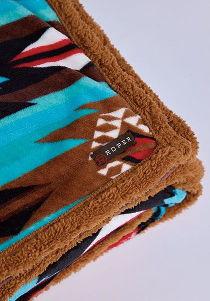 Roper Aztec Fuzzy Fleece Lined Blanket- Green/Turquoise