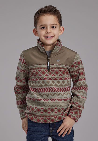 Roper Boy's Long Sleeve Fleece 1/4 Zip Sweater- Red