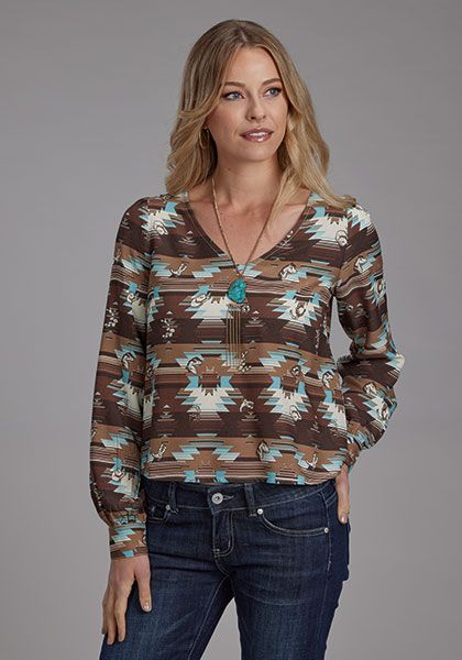Roper Women's Long Sleeve V Neck Shirt- Multi