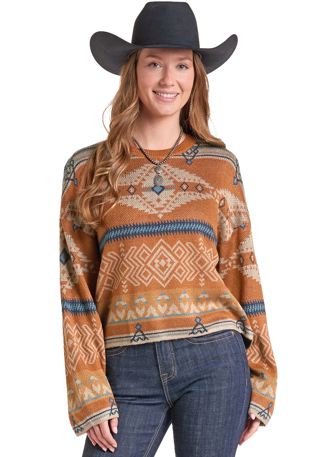 Rock &amp; Roll Women's Rust Aztec Print Sweater