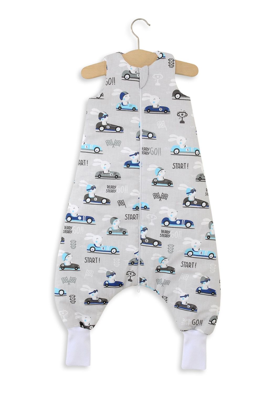 Babyslaapzak met pijpjes, katoen, geïsoleerd, maat L 9-24 maanden, TOG 2.5 - konijntjes in auto's, grijs