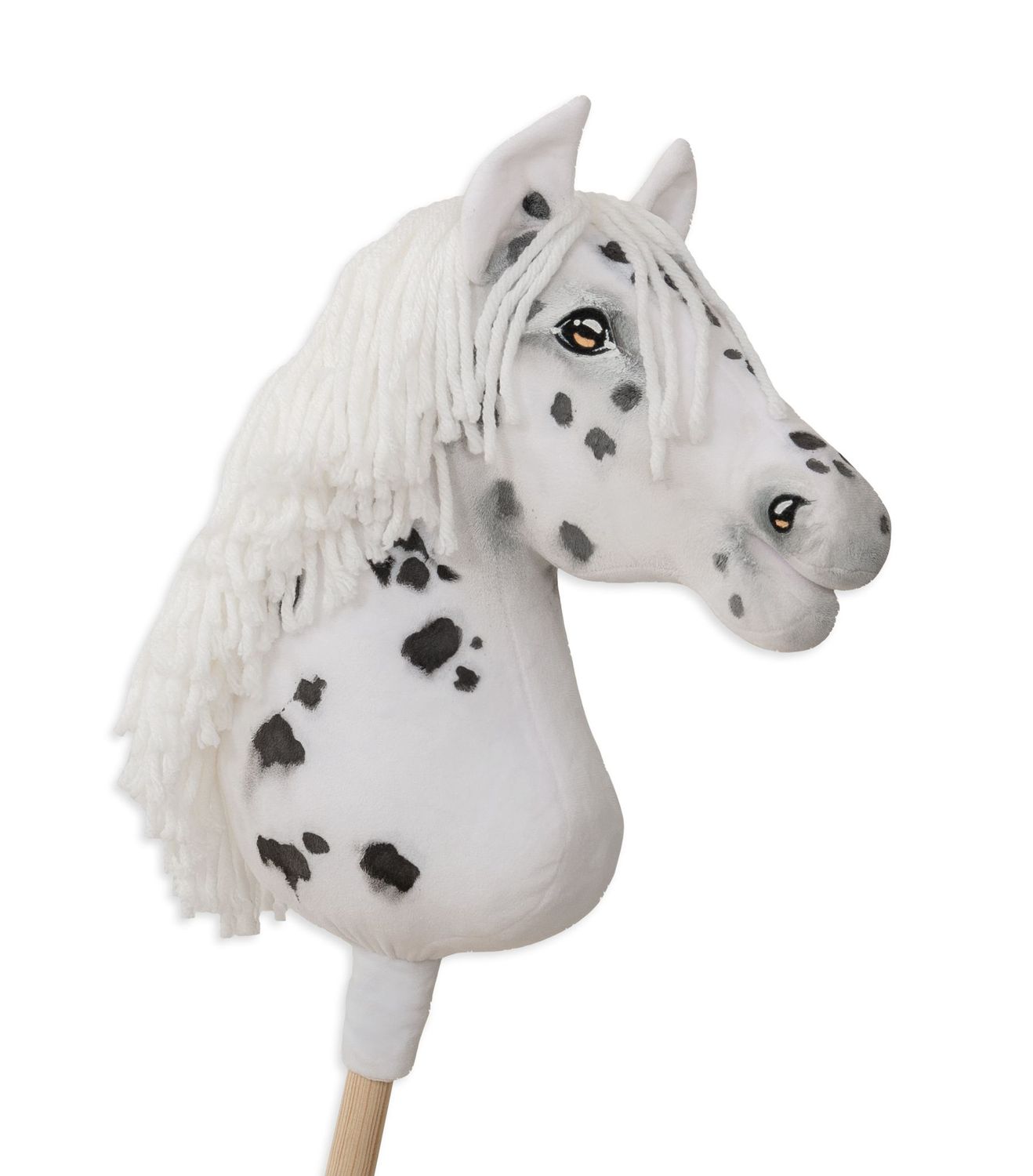 Super Hobby Horse – prachtig realistisch groot paard op een stokje-witte kleur witte manen en zwarte stippen