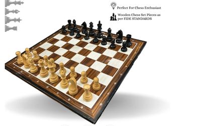 19″ Wooden Laminated Chess Board with 3.75″ Yellow-Black Wooden German Knight Pieces