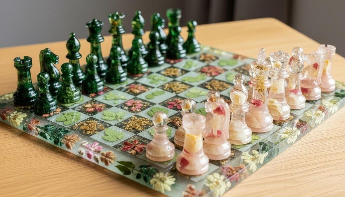 Handmade Flower Epoxy Resin Chess Set – Real Dried Flowers Board and Pieces – Green vs Pink Resin Set – Artisan 8x8 Chess Set