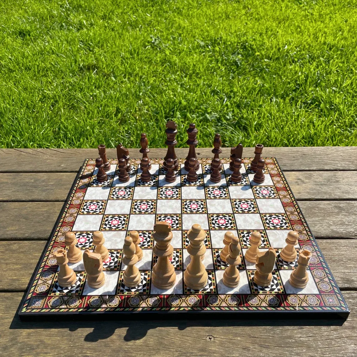 Chess Set: Mosaic Pattern Board, Solid Wood Chessmen