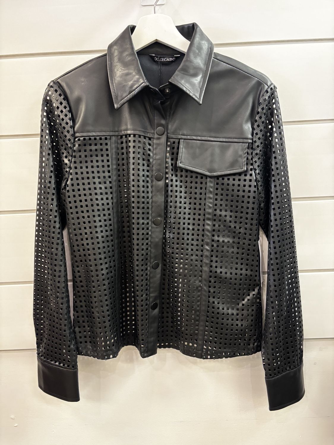 Laser Cut  Black Faux Leather Top, Size: Small