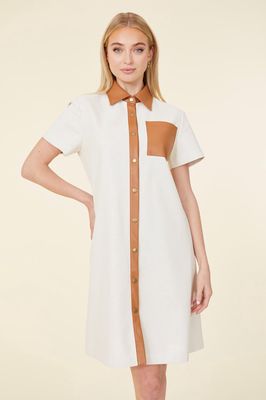 White Faux Leather Dress with Brown Trim