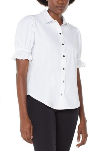 elbow puff sleeve snap front knit shirt, Colour: white, Size: XS