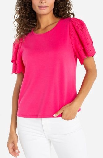 short sleeve knit-to-woven top w/ emb, Size: XS