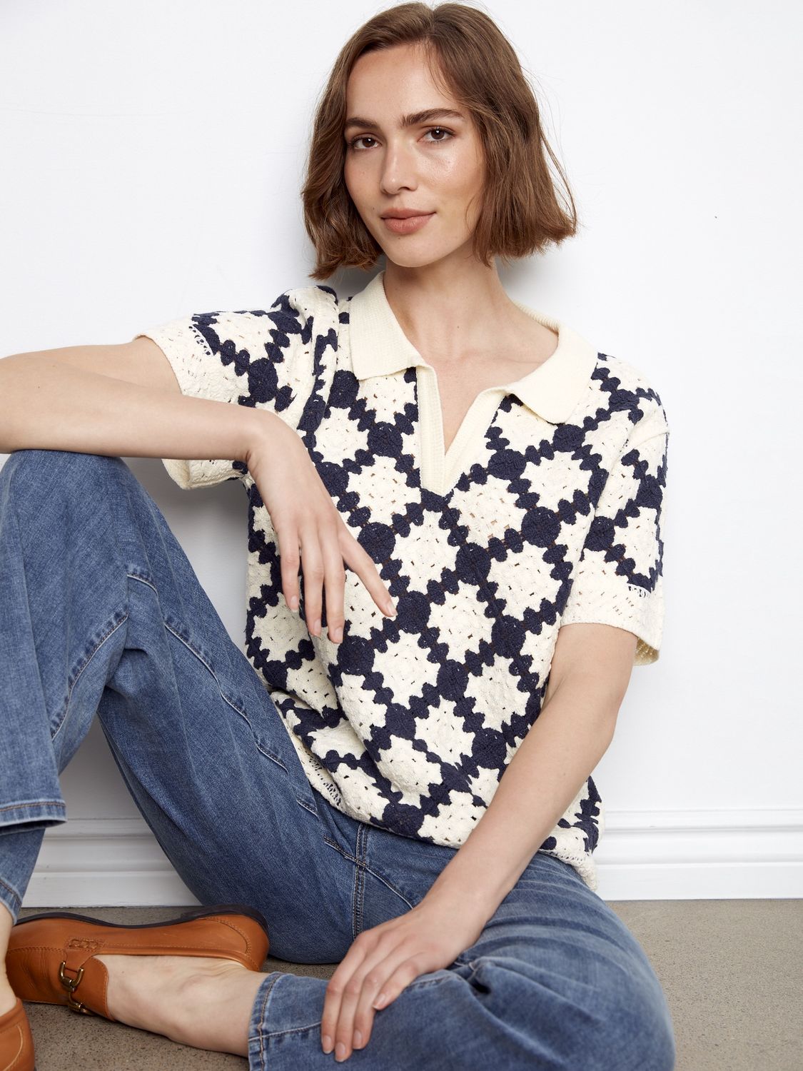 C4686 Navy Collared Crochet Top, Size: XSmall