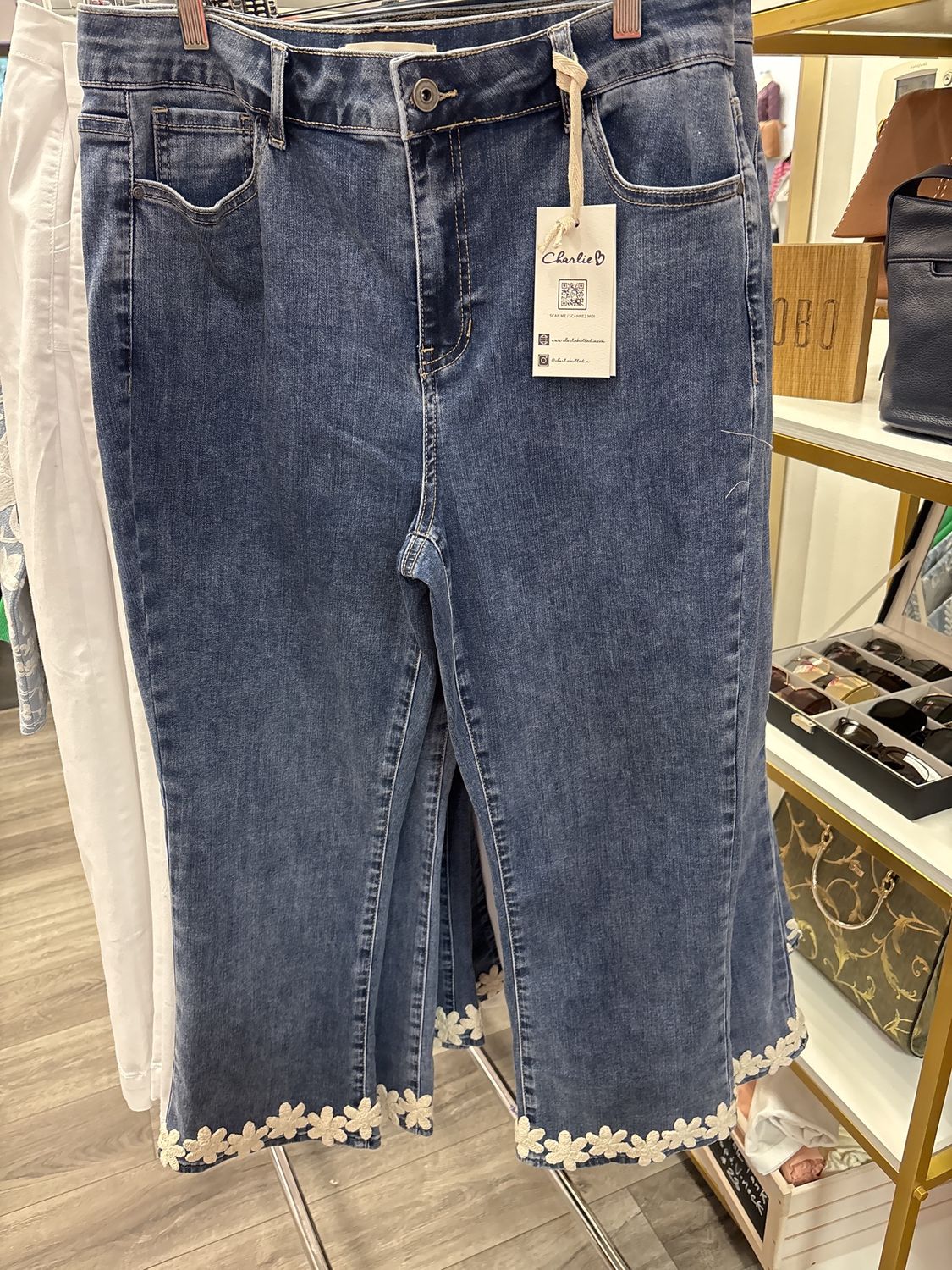 C5766 Flare Leg Stretch Denim Pants with Floral Trim at Hem