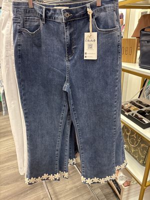 C5766 Flare Leg Stretch Denim Pants with Floral Trim at Hem