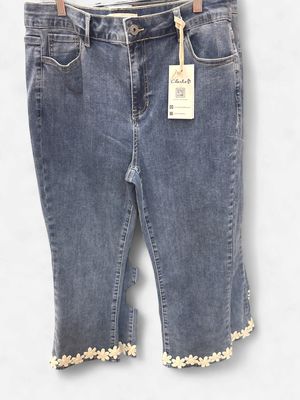 C5766 Flare Leg Stretch Denim Pants with Floral Trim at Hem