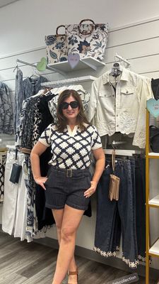 C8068 Belted Stretch Denim Shorts with Pin Tucks  Deep Blue