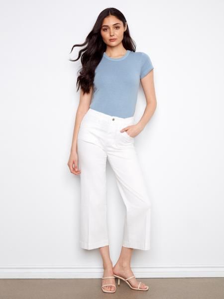 C5660 Cropped Wide Leg Twill Pans with Patch Pockets White, Size: 4