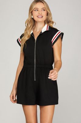 Black Romper with Red and White Detail