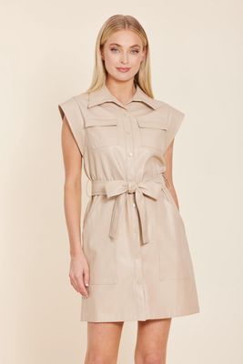 Vegan Leather Belted Sleeveless Dress Beige