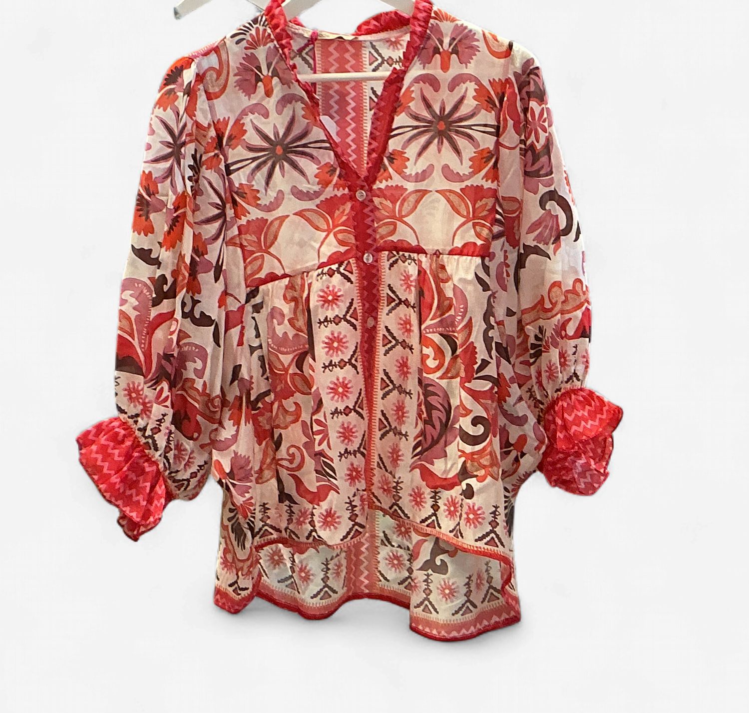 Red printed tensel blouse