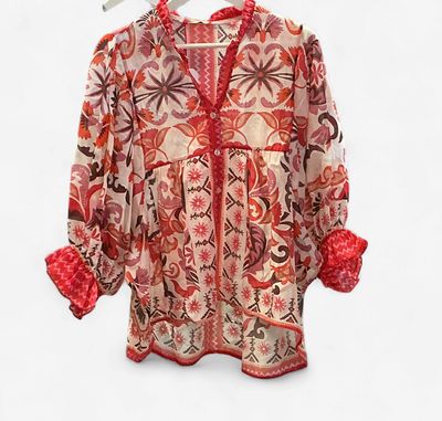 Red printed tensel blouse