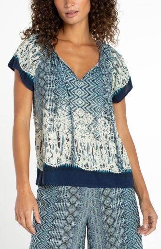 short slv woven top w/ front tie detail, Colour: nomad ikat prnt, Size: XS