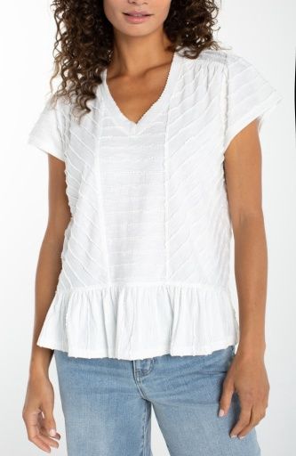 short sleeve v neck knit top w/ miter detail, Colour: white, Size: XS