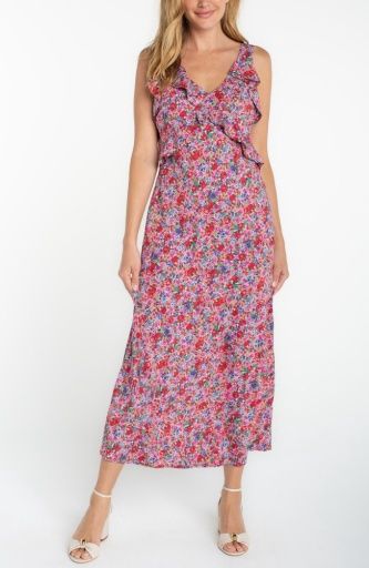 sleeveless ruffle front woven maxi dress, Size: XS