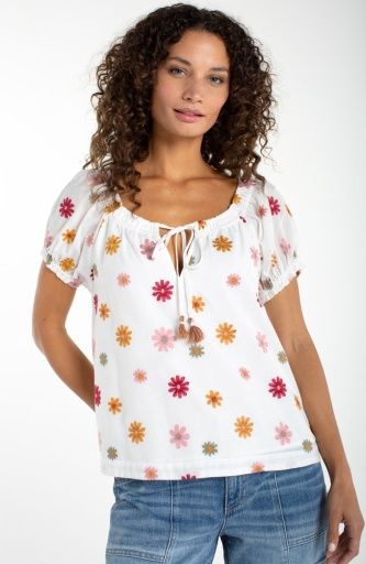short sleeve tie neck woven top, Size: XS