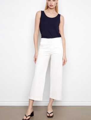 White wide leg twill pants with scallop edges