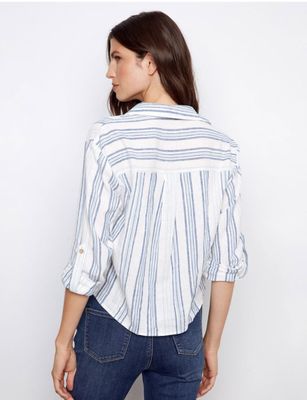 Blue white stripe blouse w front tie