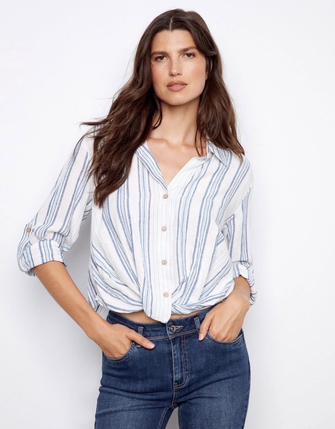Blue white stripe blouse w front tie, Size: XSmall