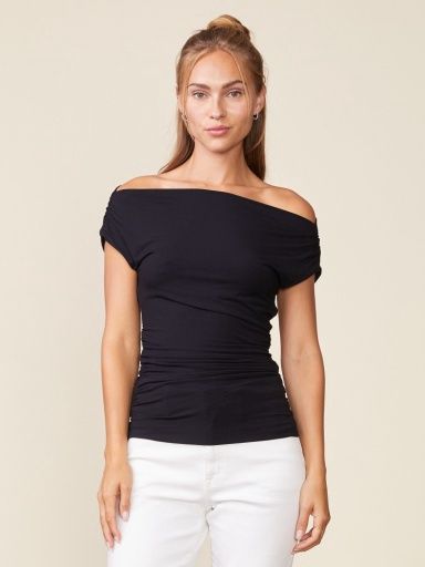 LEGENDARY CONVERTIBLE NECK SHIRRED TOP, Colour: BLACK, Size: S